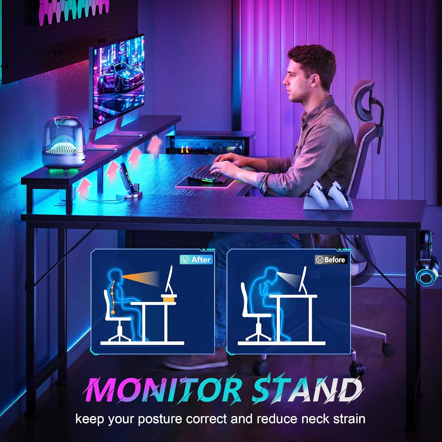 66'' L Shaped Gaming Desk with Drawers and Storage Shelves, Reversible Corner Desk with Power Outlets and Host Stand, Large Computer Desk with Led Lights for Gaming, Work, Home Office, Black
