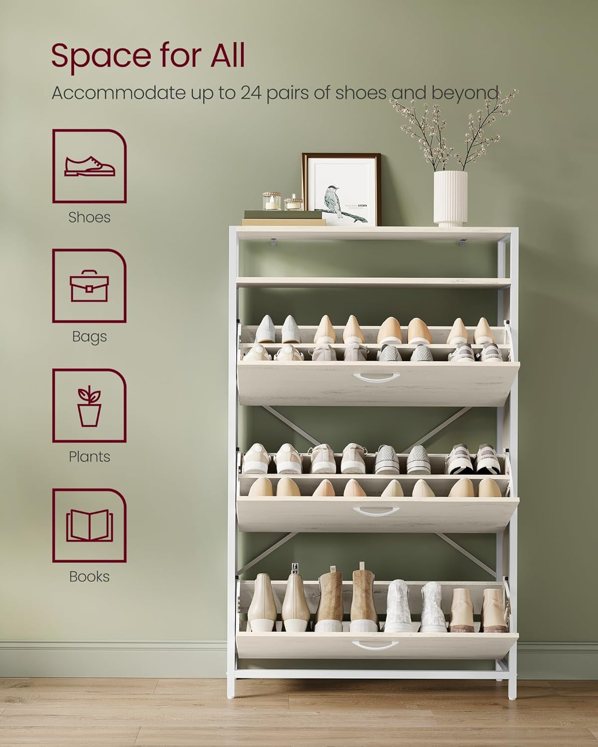 Shoe Cabinet with 3 Flip Drawers, Shoe Storage Cabinet, Asjustable and Removable Dividers, Holds 15-24 Pairs of Shoes, 11.8 X 31.5 X 51.2 Inches, Rustic White and Matte White ULBS802W01