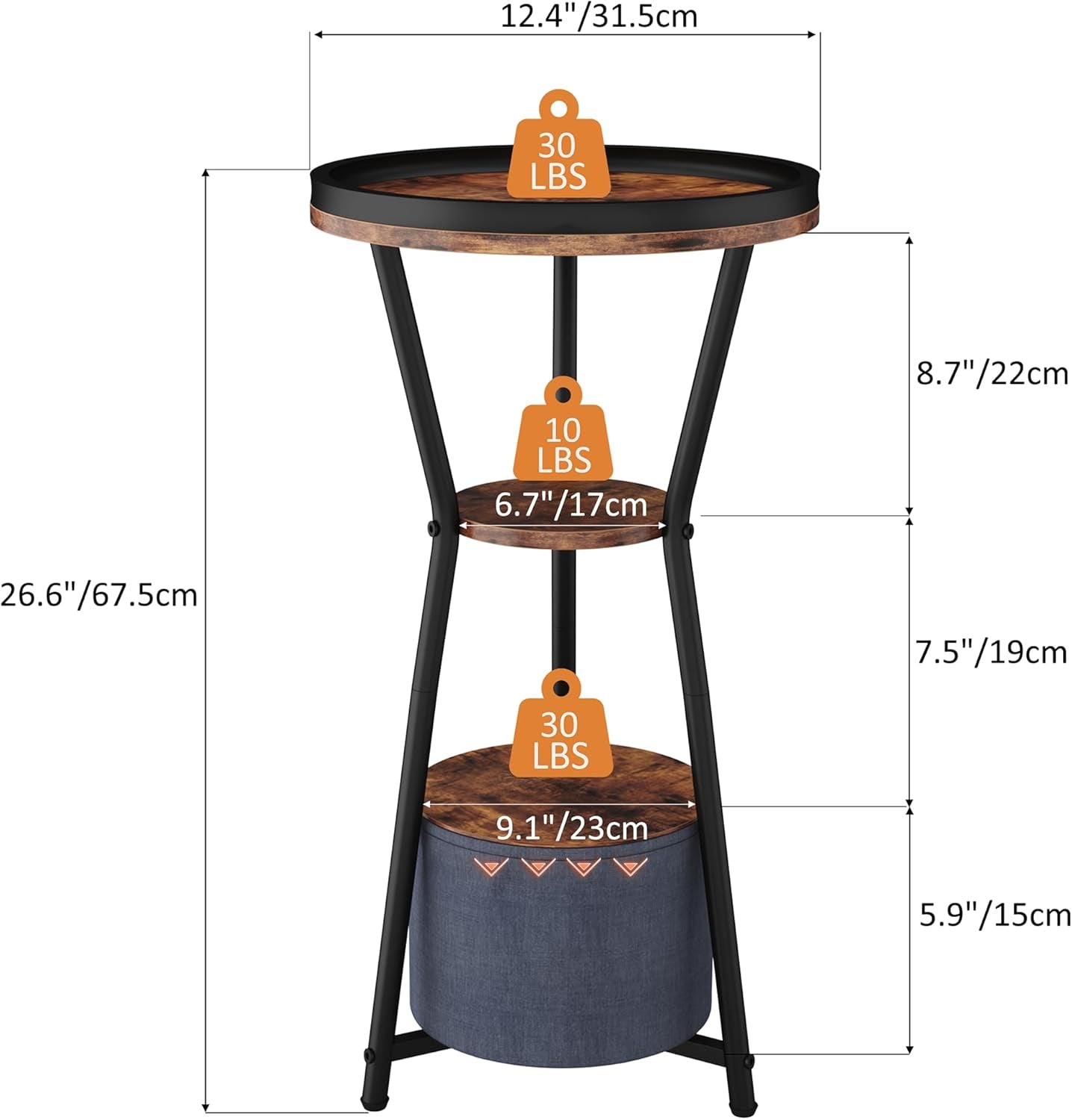 round Side Table, Small Drink Table for Small Spaces, 3-Tier Industrial End Table, Accent Nightstand Bedside Table for Living Room, Bedroom, Sofa Couch, Rustic Brown