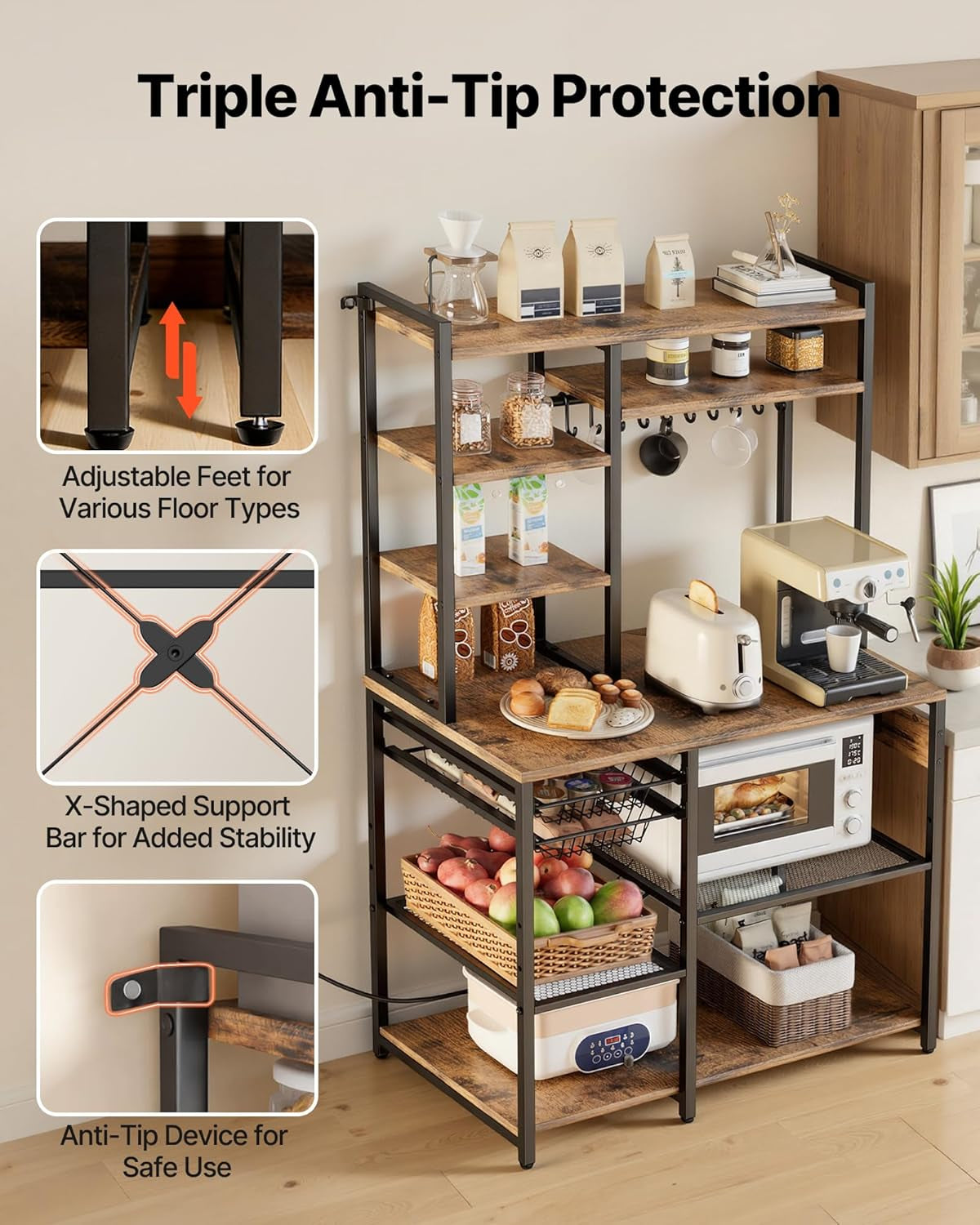 Kitchen Bakers Rack with Power Outlets, 35.4X15.7X70.9 Inch Microwave Stand with Built-In Power Strip & 5 Ft Cord, 10 S-Shaped Hooks, for Dish Storage, Spice Jars, Coffee Bar Organization