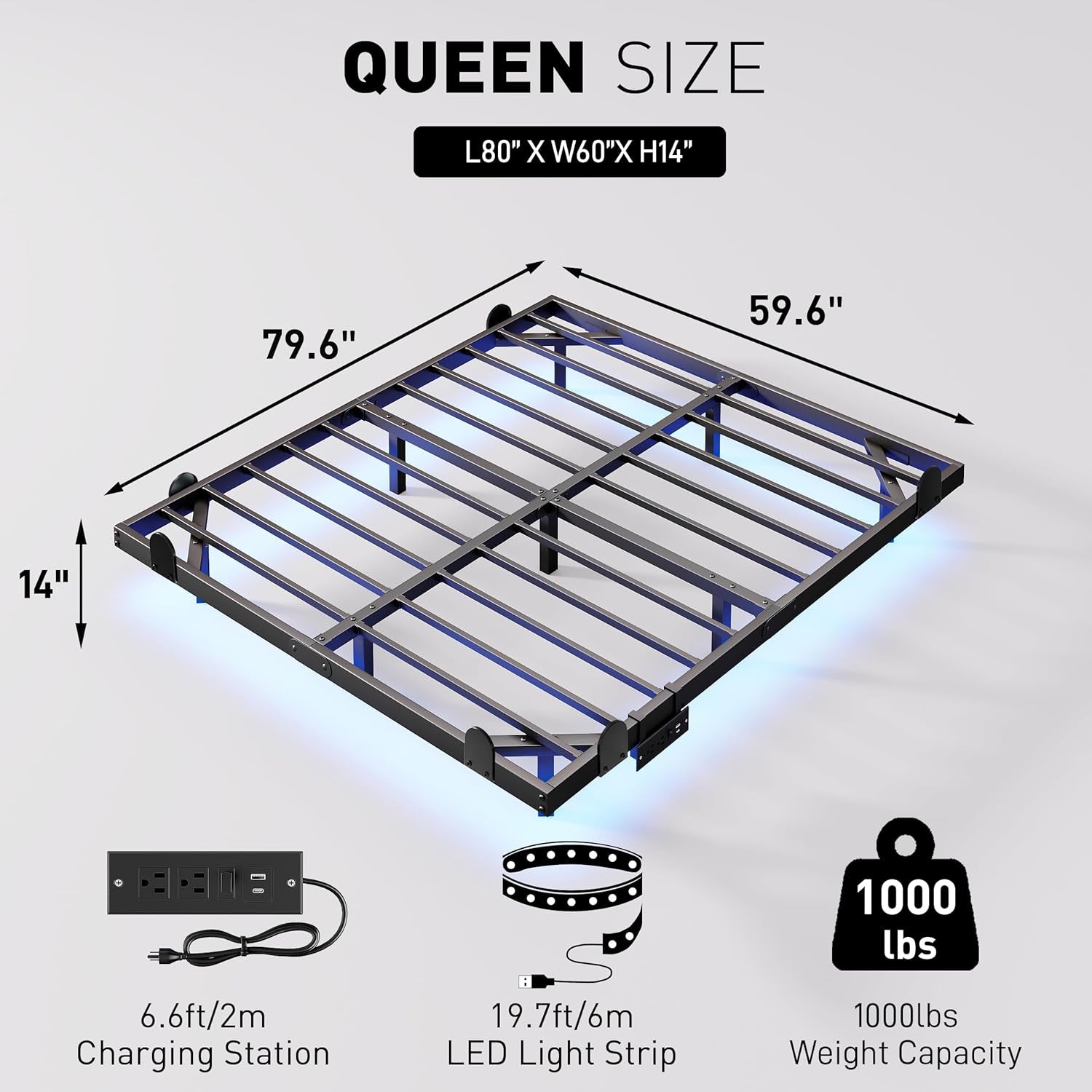14 Inch Floating Queen Bed Frame with Smart LED Lights and Charging Station, Modern Metal Queen Bed Frame, Easy to Assemble, No Box Spring Needed (Queen)