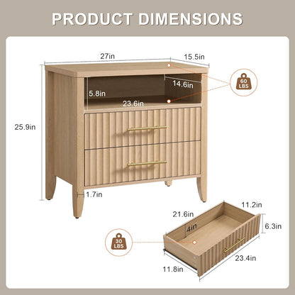 Fluted Nightstand with 2 Drawers, 27" Modern Nightstands Set of 2 with Storage, Large Queen Size Bed Side Table and End Table for Bedroom, Living Room, Office,(Natural Oak,2 Pieces)