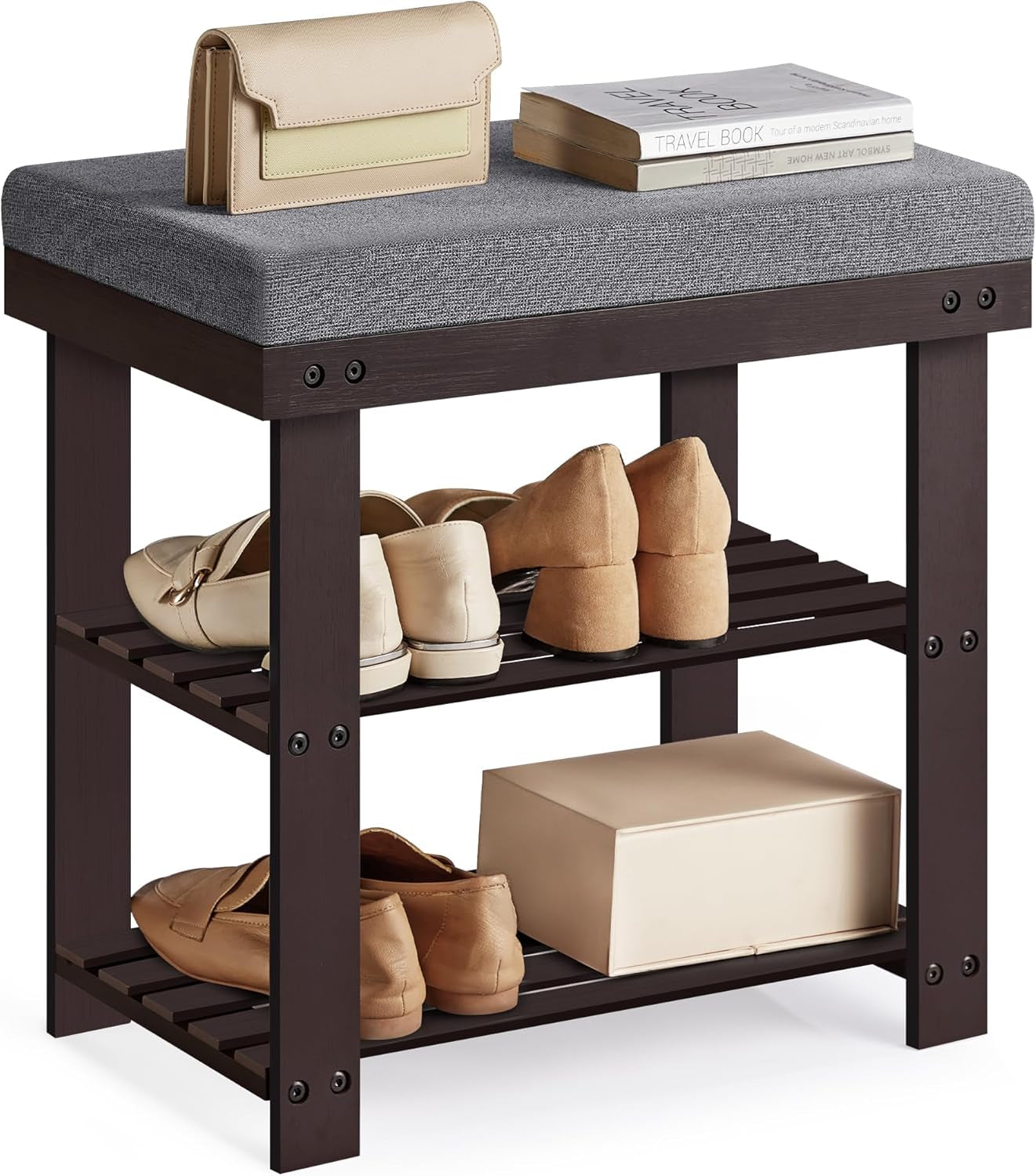 Bamboo Shoe Bench, 3-Tier Shoe Rack Organizer for Entryway, Living Room, Bench Seat Holds up to 300 Lb, 11.9 X 28.3 X 19.2 Inches, Rustic Walnut and Slate Gray ULBS604CG