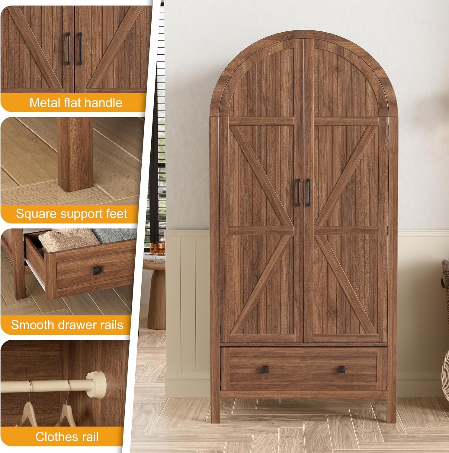 Armoire Wardrobe Closet with Drawers and 2 Arched Fluted Doors, 70.9‘’ Tall Wooden Bedroom Armoires with LED Light & Shelves and Hanging Rod(Brown)