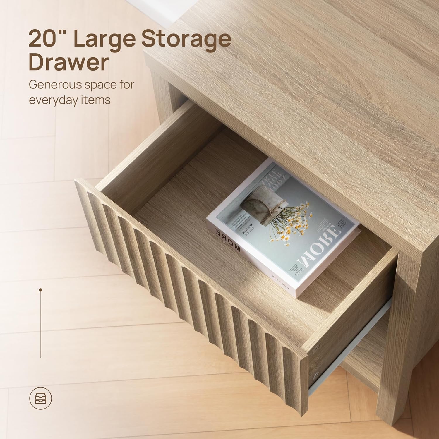 Fluted Night Stand Set of 2, Farmhouse Nightstands with Drawer, Boho Bedside Table with Storage Shelf, Large End Tables Bed Side Tables for Bedroom, Light Oak