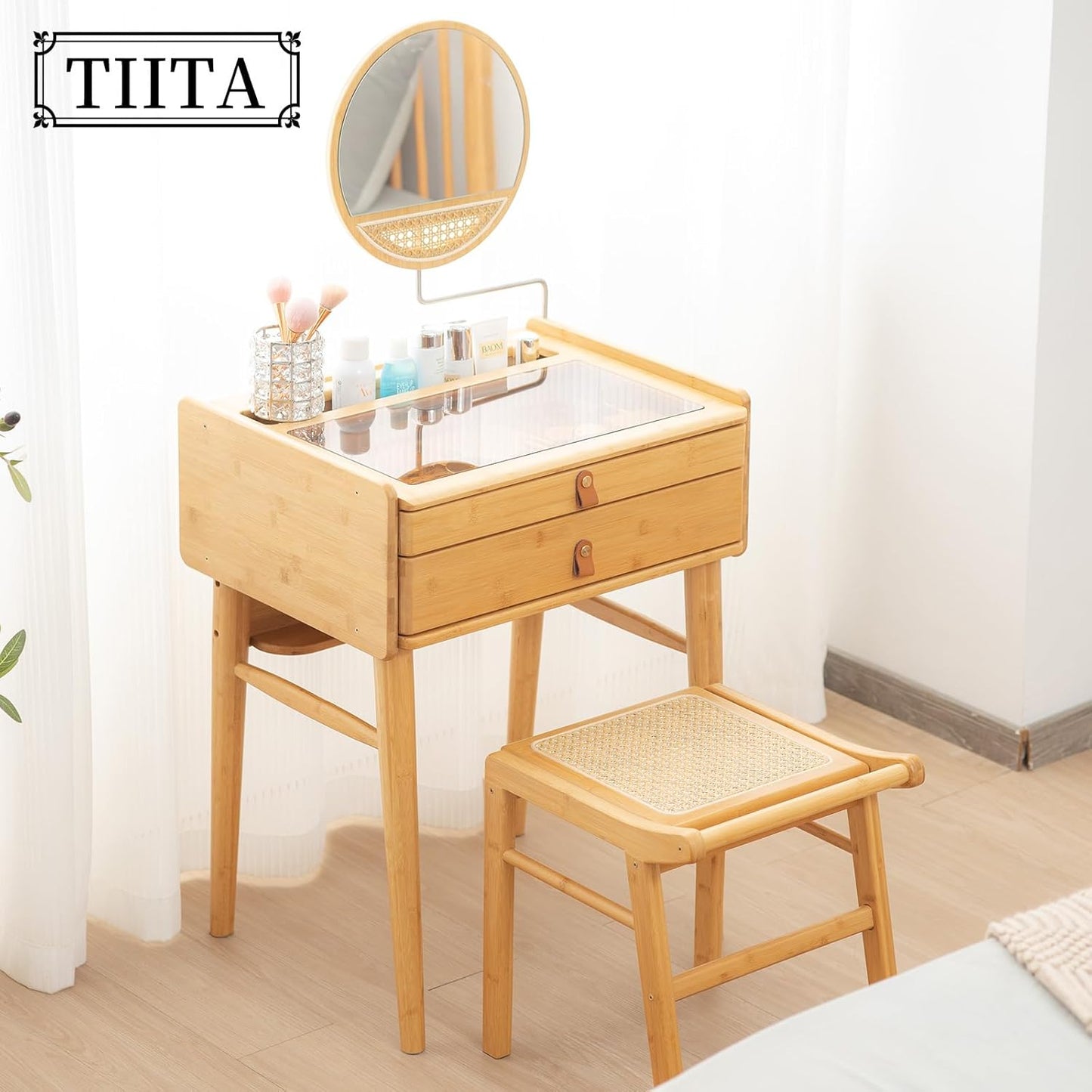 Vanity Desk, Makeup Vanity Table with Mirror, Dressing Table with 2 Drawers,Modern Wood Bedroom Vanity Vintage Dressing Table for Women Girls