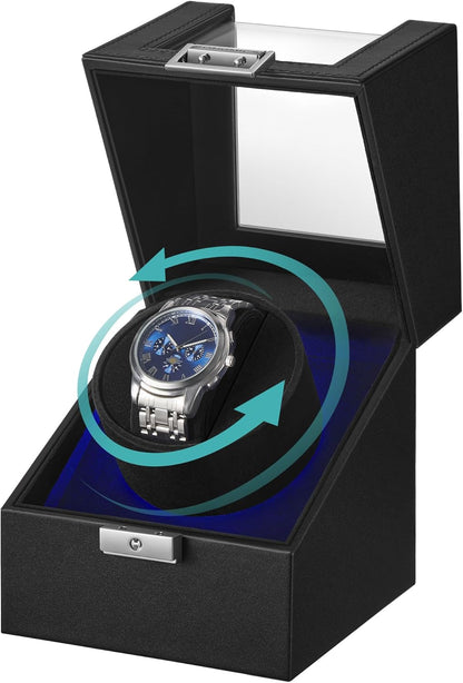Automatic Single Watch Winder Box with Quiet Motor, for Automatic Watches, with LED Light, Adjustable Pillow, Lock, 4 Winding Settings, Includes a USB-C Charging Cable, Black UJWB030B01