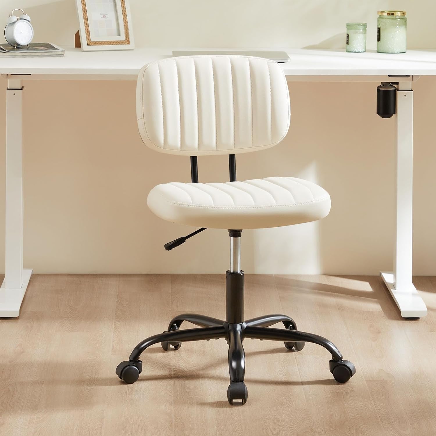 Small Office Desk Chair - Armless PU Leather with Comfy Lumbar Support, Height Adjustable Rolling Swivel Task for No Arms, for Adult, Student, Bedroom, Home, Vanity, Beige White