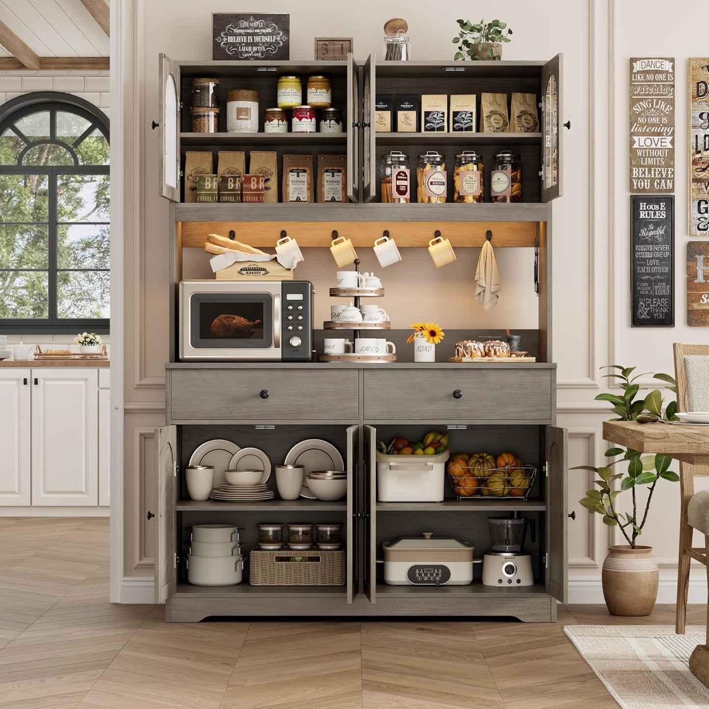 71" LED Kitchen Pantry Cabinet with Power Outlet, Large Kitchen Hutch Storage Cabinet with Arched Door, Shelves, 2 Drawer, Tall Farmhouse Coffee Bar W/Hutch for Home Dining Living Room, Ash Grey
