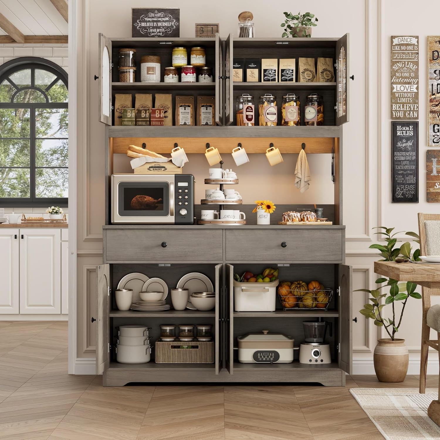 71" LED Kitchen Pantry Cabinet with Power Outlet, Large Kitchen Hutch Storage Cabinet with Arched Door, Shelves, 2 Drawer, Tall Farmhouse Coffee Bar W/Hutch for Home Dining Living Room, Ash Grey