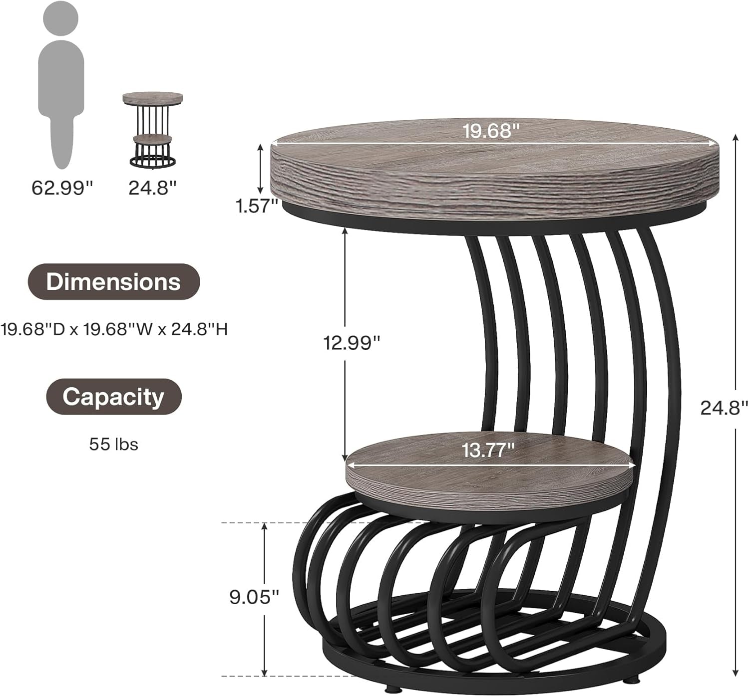 round End Table, 2-Tier Farmhose Wood Side Table with Shelf Storage, Small Sofa Side Bedside Nightstand, Arc-Shaped Frame Accent Furniture for Living Room, Grey