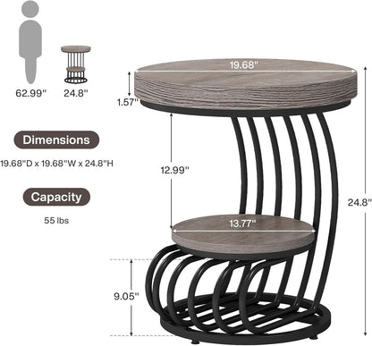 round End Table, 2-Tier Farmhose Wood Side Table with Shelf Storage, Small Sofa Side Bedside Nightstand, Arc-Shaped Frame Accent Furniture for Living Room, Grey