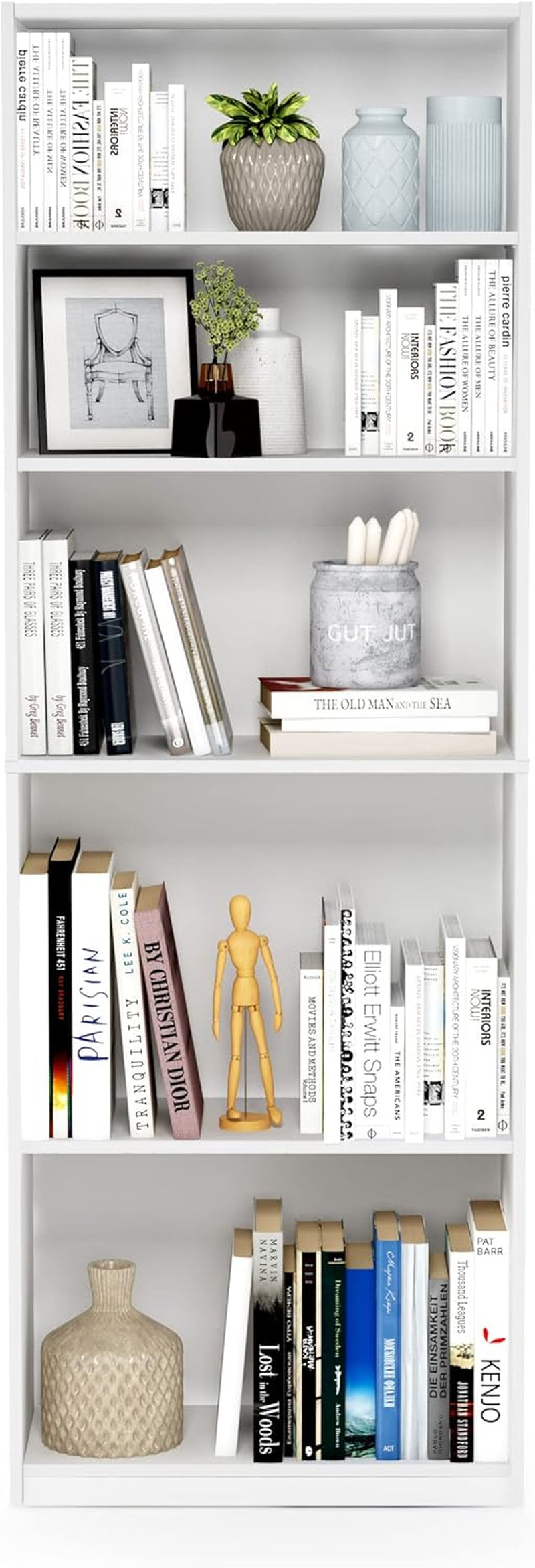 JAYA Book Shelf, 5-Tier Bookshelf, Bookcase with Adjustable Shelves, 9.5 X 24.5 X 71.2, for Organization and Storage, for Living Room, Bedroom, Home Office, White