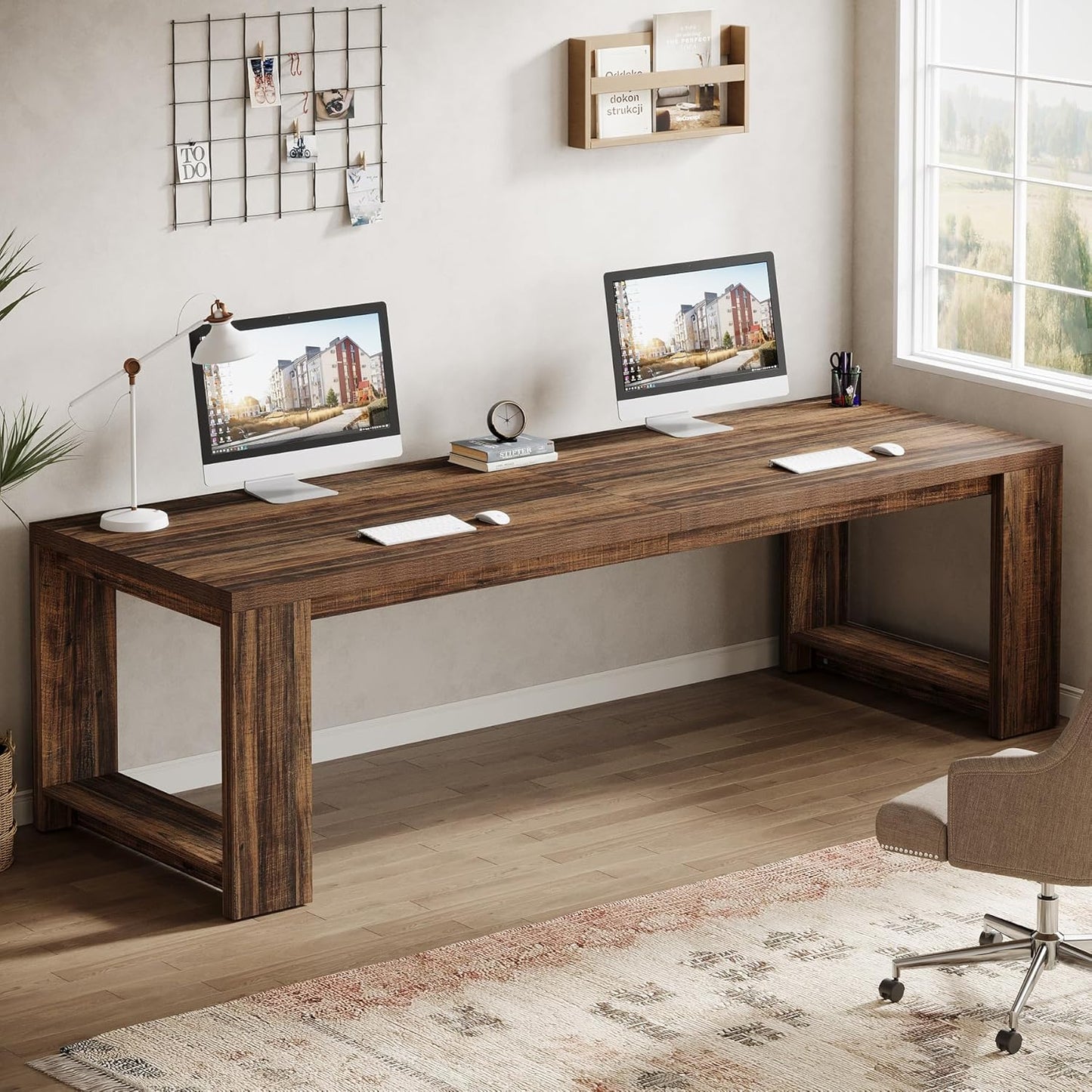 Two Person Desk, 86.6 Inches Extra Long Desk, Double Computer Writing Table, All Wood Large Desks Workstation for Home Office, Rustic Brown