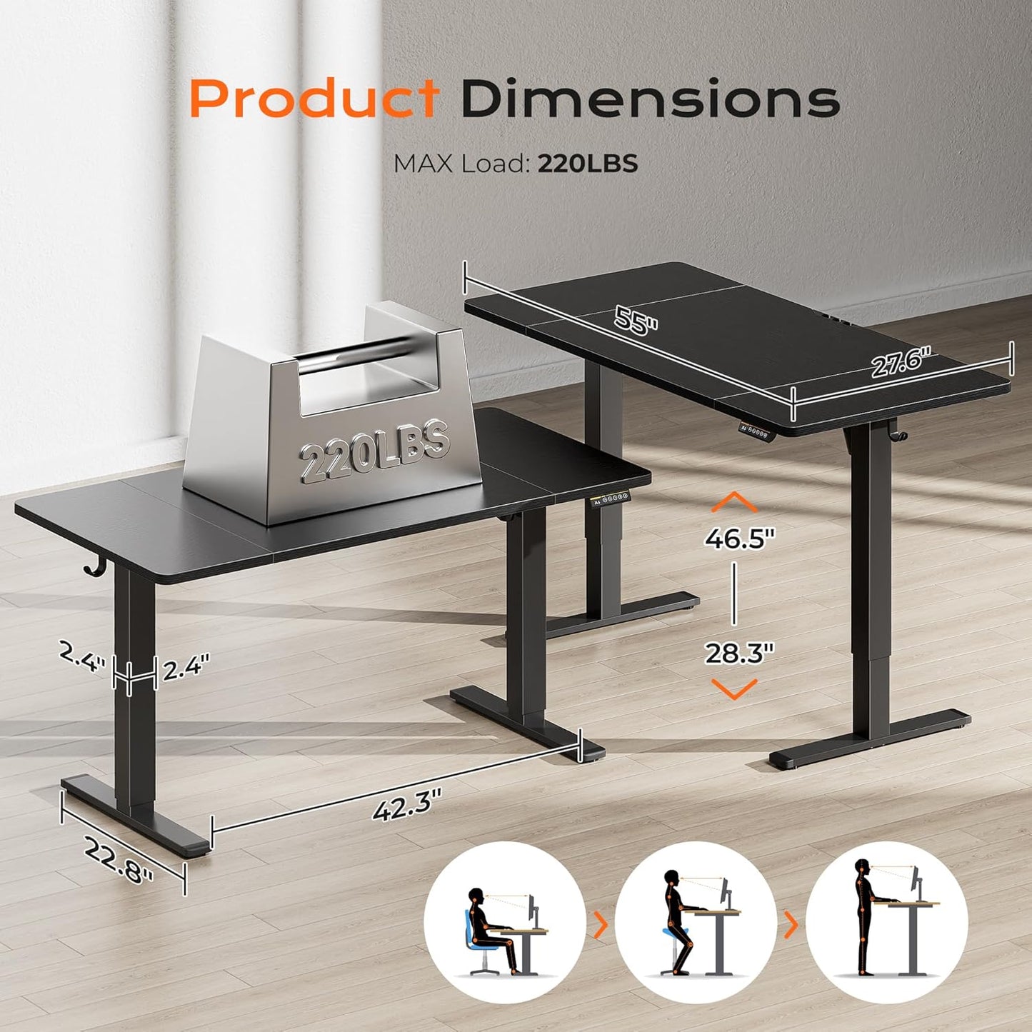 55 X 28 Large Electric Standing Desk, Height Adjustable Computer Desk, 27.6" Deep Desktop, Stand up Gaming Office Table with 2 Hooks, 3 Preset Heights, for Home Office, Black