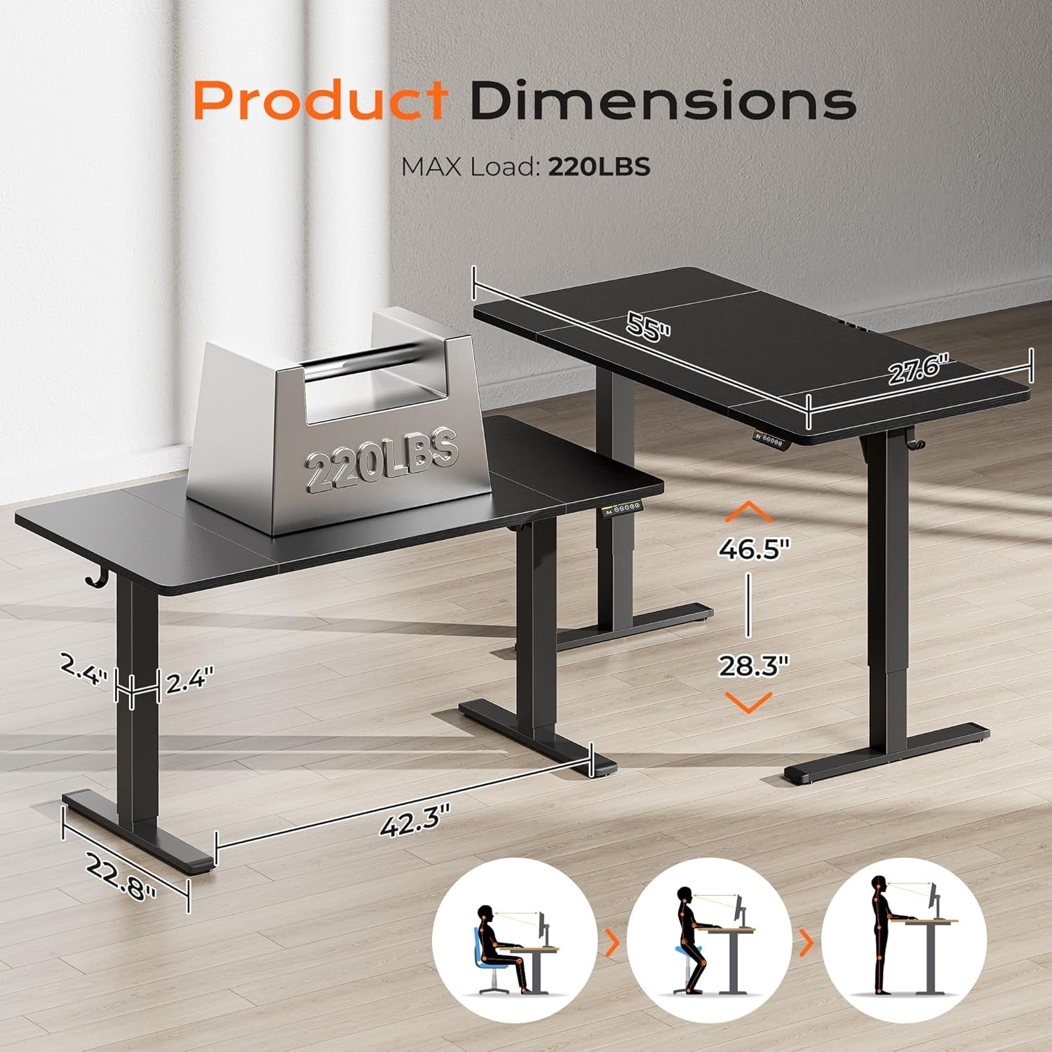 55 X 28 Large Electric Standing Desk, Height Adjustable Computer Desk, 27.6" Deep Desktop, Stand up Gaming Office Table with 2 Hooks, 3 Preset Heights, for Home Office, Black