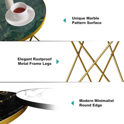 Modern round Side Table, End Table with Marble Effect Top and Gold Metal Frame, Small Side Table for Living Room, Bedroom, Sofa and Couch, Gold Legs, Green Marble Top