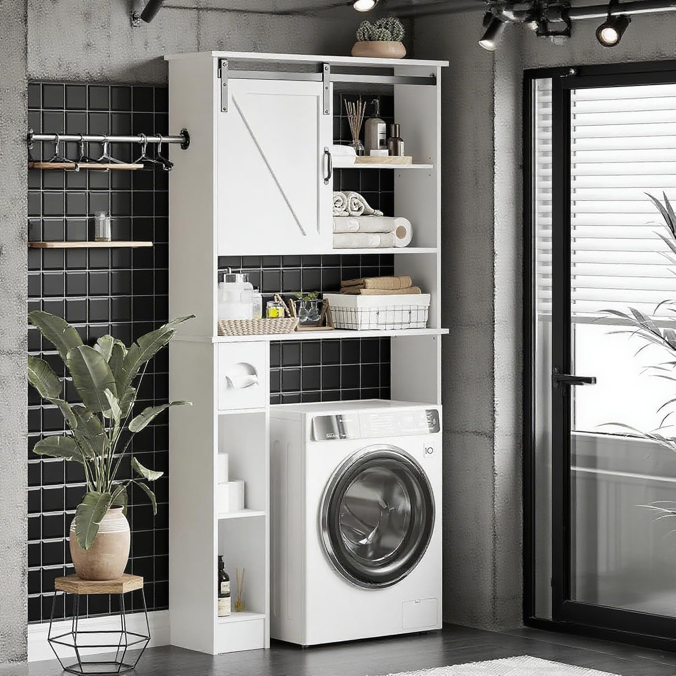 Over the Toilet Storage Cabinet with Barn Doors and Toilet Paper Stand, Tall Freestanding Bathroom Cabinet with Open Shelves, Space Saver Storage over Toilet Organizer for Restroom, White