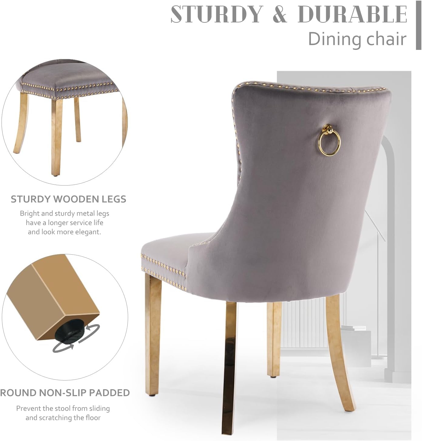 Velvet Dining Chair Set of 4, Upholstered Tufted Dining Room Chair with Nailhead Trim and Solid Gold Plated Leg for Kitchen (Grey)