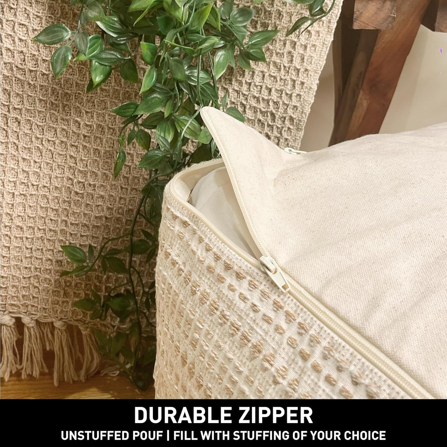 Unstuffed Ottoman, Cozy & Bohemian Pouf Covers, Hand Crafted Casual Seating, Footrest, Square Floor Pillow for Home, Office, Bedroom, Living Room, 16.5" X 16.5"X 12.9", Beige-Off White