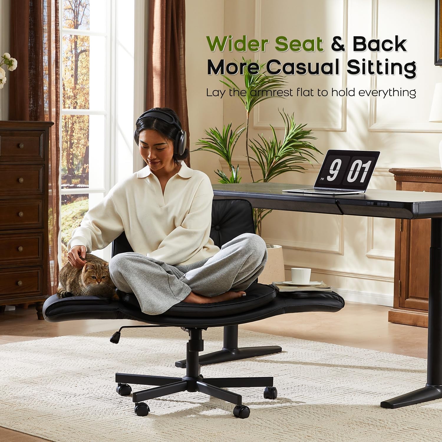 Criss Cross Chair with Armrests & Wheels, PU Leather Vanity Chair, Comfortable Adjustable Swivel Computer Office Desk Chairs for Home, Make Up, Bed Room (Cream White)