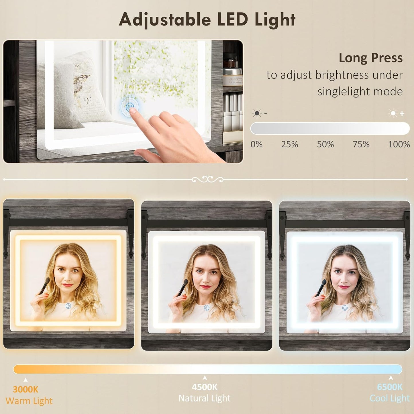 Farmhouse Vanity Desk with Mirror, LED Lights Makeup Vanity Table with 42 Inch Glass Tabletop, Cushioned Stool, Drawers & Shelves & Cabinet, Rustic Dressing Table Set for Bedroom, Gray