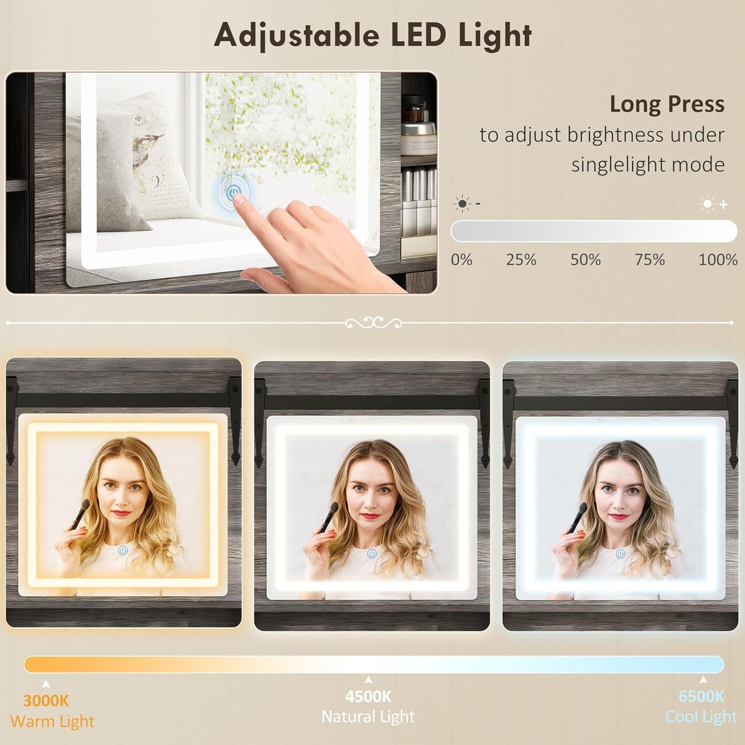 Farmhouse Vanity Desk with Mirror, LED Lights Makeup Vanity Table with 42 Inch Glass Tabletop, Cushioned Stool, Drawers & Shelves & Cabinet, Rustic Dressing Table Set for Bedroom, Gray