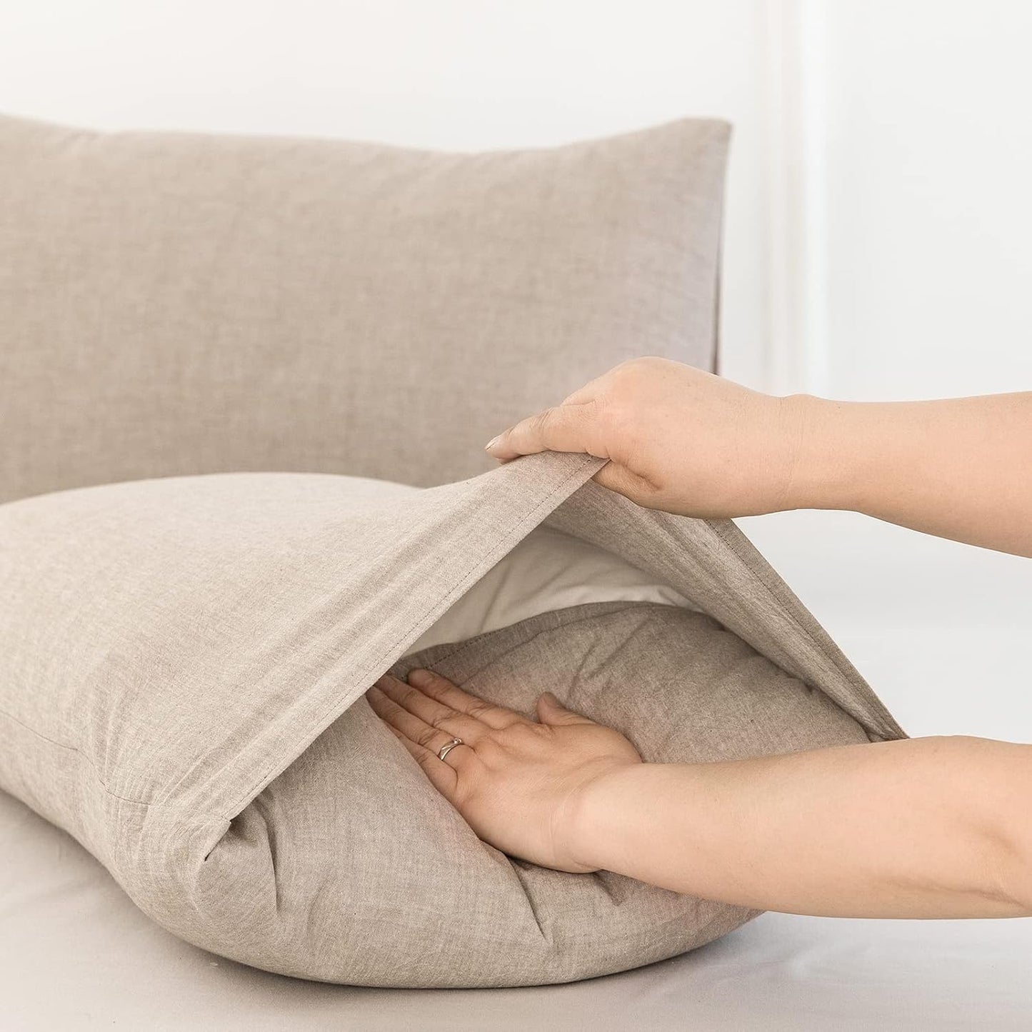 Bedding Pillowcases Pack of 2 100% Washed Cotton Linen like Textured Breathable Durable Soft Comfy (Heathered Taupe, Queen)