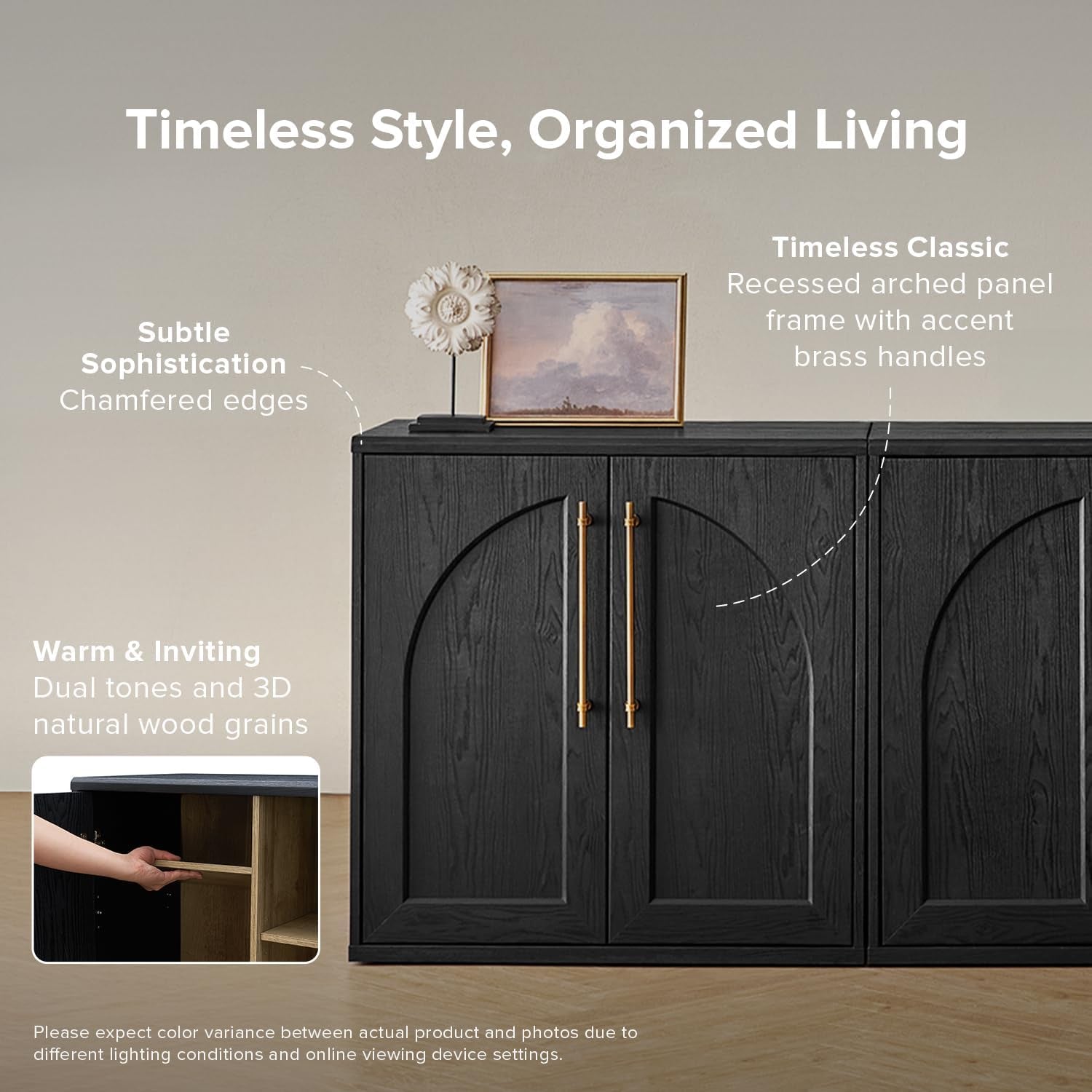 Blake Storage Cabinet, Small Modular Accent Display Sideboard Buffet Cabinet with Storage, Media Console Credenza, for Kitchen, Coffee Bar, Pantry, Living Room (Black Oak Arched, Set of 2)