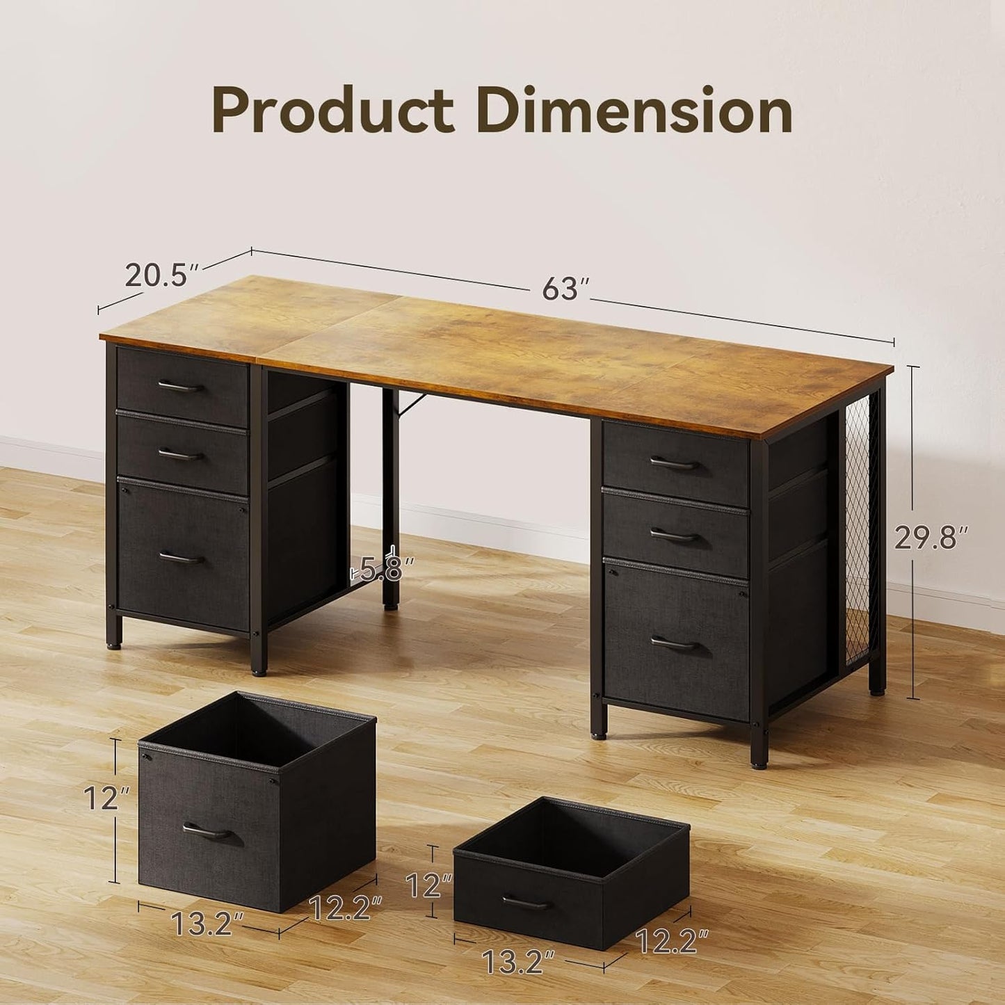 63 Inch Computer Desk with File Drawers Cabinet, Modern Office Desk with Large Storage for Home Office, Study, Gaming, Vintage