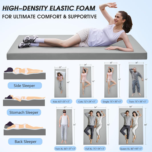 Memory Foam Camping Mattress Pad,3Inch Sleeping Pad for Camping,Non-Slip Bottom Floor Cot Car Mattress Bed with Retaining Portable Roll up Mattress Pad Mat for Travel Truck Guest Bed Tent
