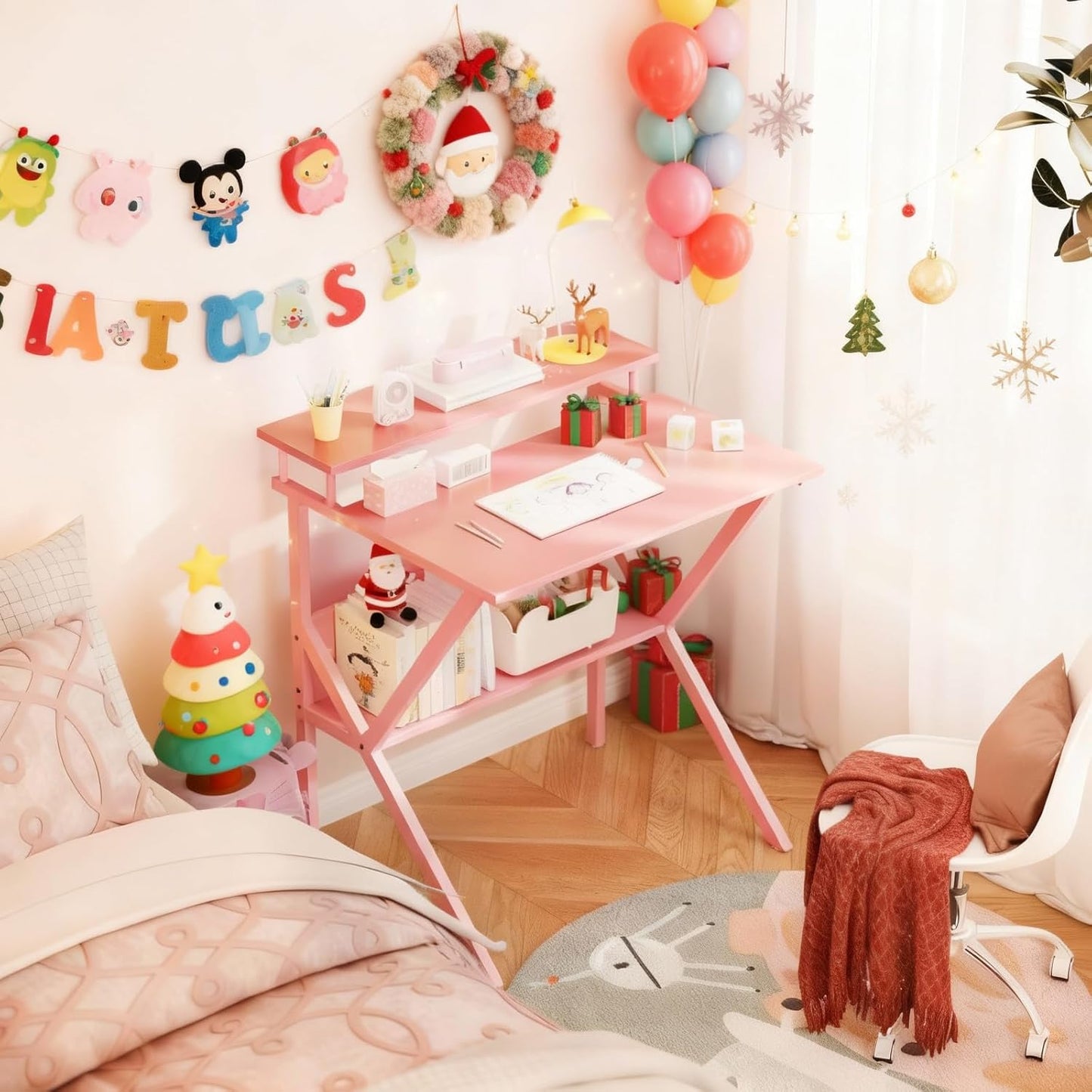 Small Desk, 27.5 Inch Computer Desk for Small Spaces, Kids Desk with Storage, Study Table with Monitor Stand for Homeschool, Pink