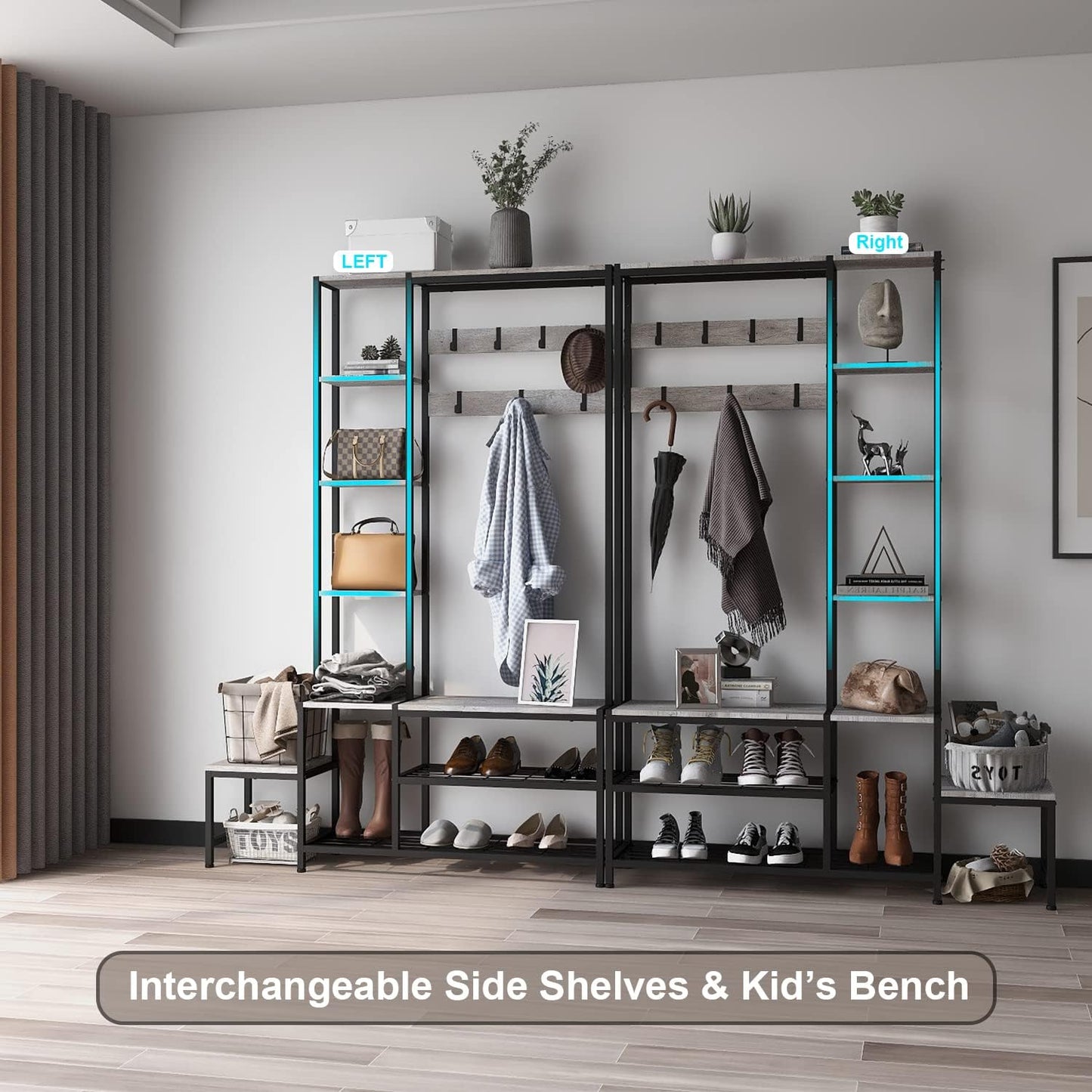 Hall Tree with Shoe Storage Bench Coat Rack with 7 Hooks Interchangeable 4 Tier Side Storage Shelves Small Cute Side Bench Industrial 5-In-1 Entryway Coat Rack for Hallway Mudroom Bedroom