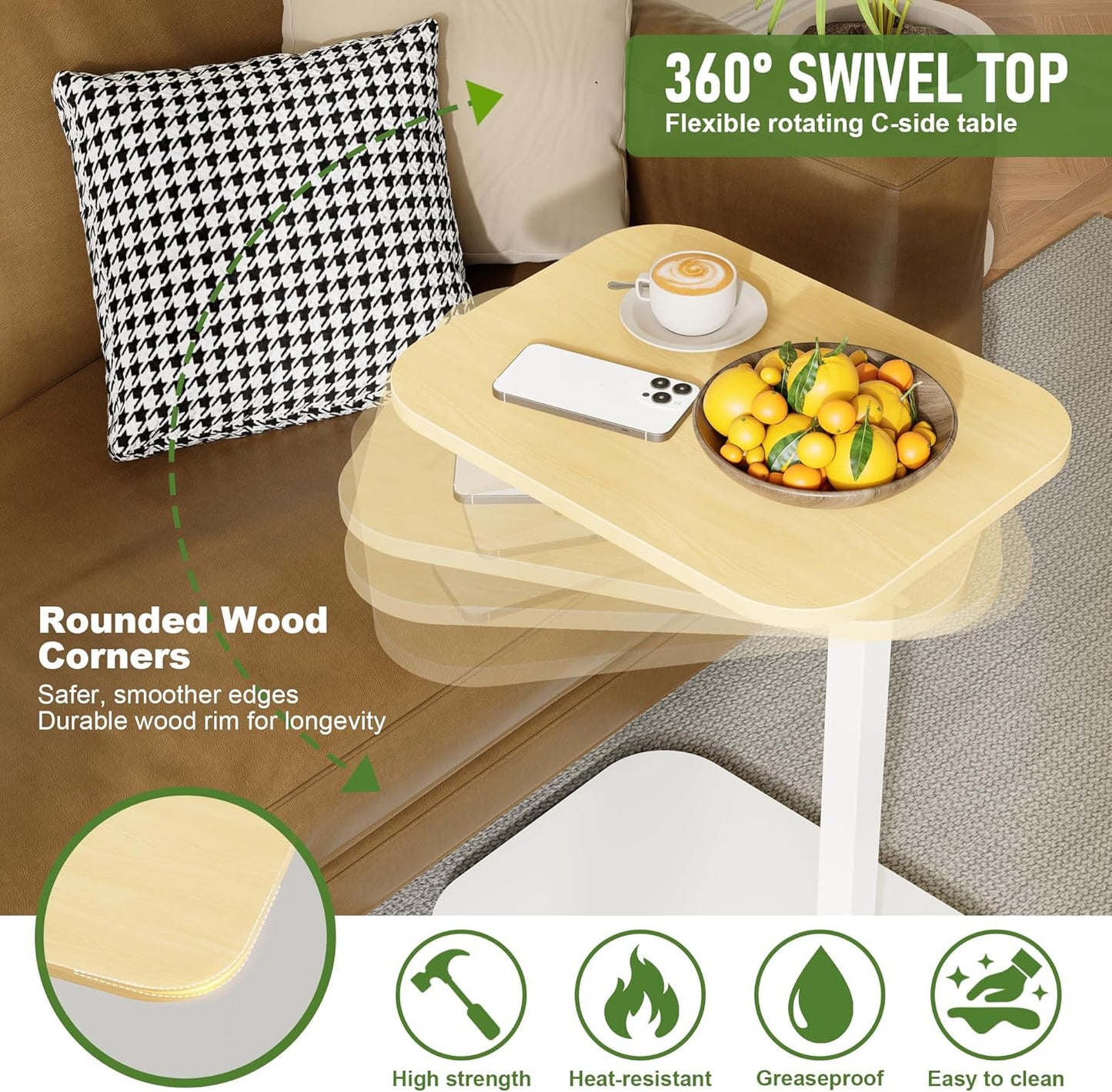 C Shaped End Table for Couch, Adjustable Height Couch Side Table, Horizontal 360°Swivel Small TV Tray Table Couch Side Tables That Slide under (Wood)