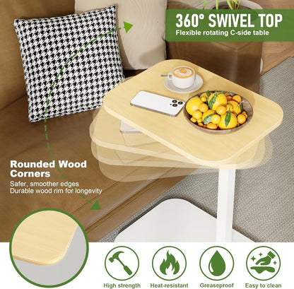 C Shaped End Table for Couch, Adjustable Height Couch Side Table, Horizontal 360°Swivel Small TV Tray Table Couch Side Tables That Slide under (Wood)