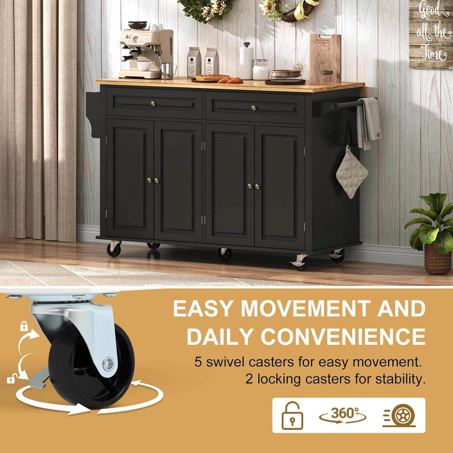 59" W Rolling Kitchen Island with Drop Leaf, Movable Kitchen Carts on Wheels Island with Storage Cabinet&Charging Station, Island Table for Kitchen W/Rubber Wood Top, Rack, Hook, Drawers, Black