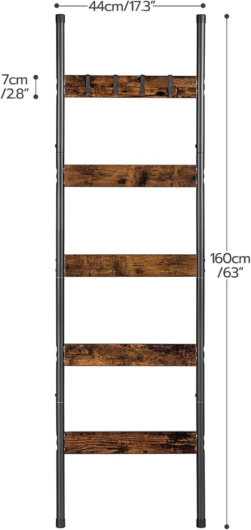 Blanket Ladder, 5-Tier Towel Rack with Hooks, Wall-Leaning Blanket Rack, Decorative Display Ladder Shelf, for Scarves, Industrial, Living Room, Bedroom, Rustic Brown and Black BF52CJ01