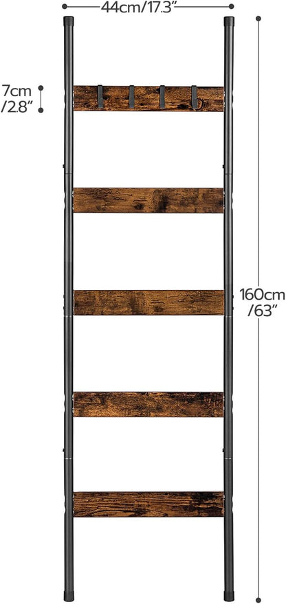Blanket Ladder, 5-Tier Towel Rack with Hooks, Wall-Leaning Blanket Rack, Decorative Display Ladder Shelf, for Scarves, Industrial, Living Room, Bedroom, Rustic Brown and Black BF52CJ01