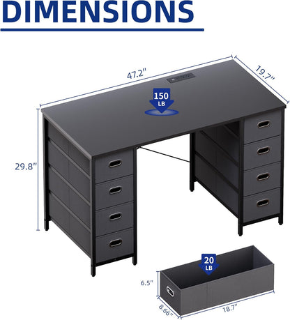 47 Inch Computer Desk with 8 Fabric Drawers PC Gaming Desk Home Office Study Work Writing Table for Bedroom Brown