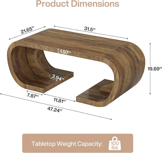 Farmhouse Coffee Table, 47" Heavy Duty C-Shaped Center Table with Curved Base, Large Tea Table for Living Room, Entertainment Room, Home Office, Rustic Brown