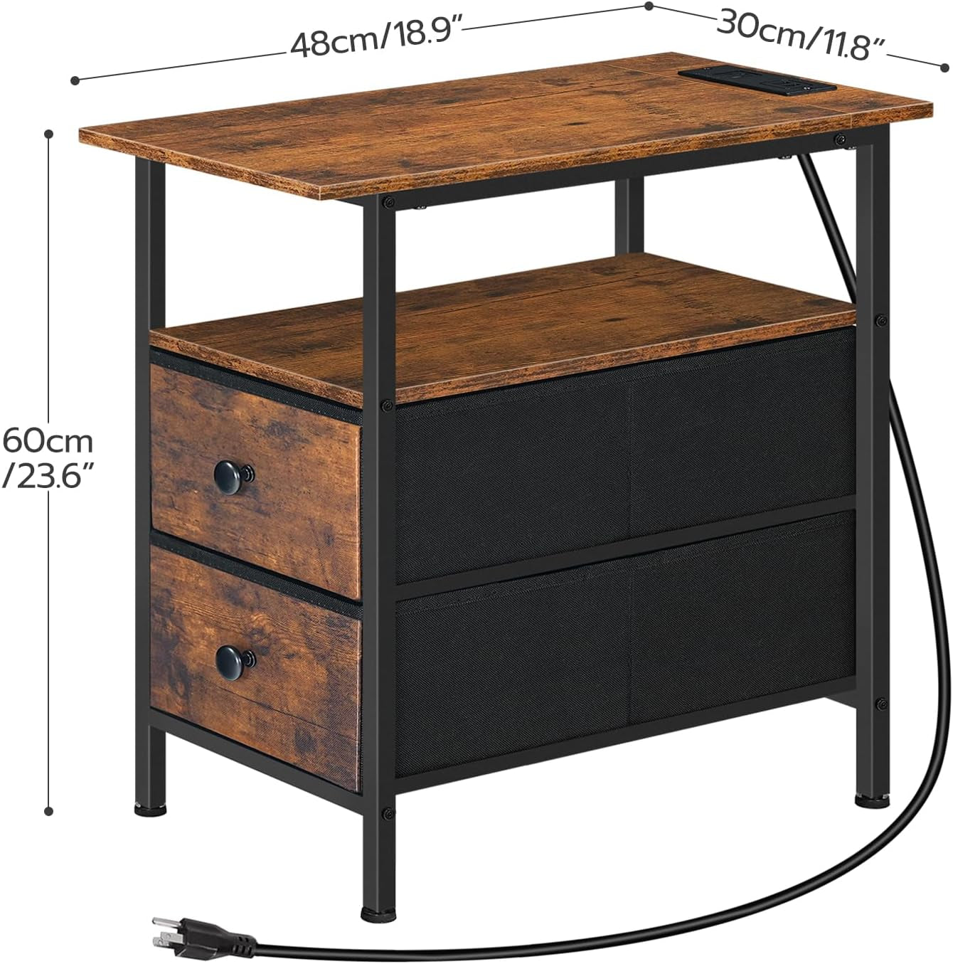End Table with Charging Station, Narrow Side Table, Nightstand with 2 Non-Woven Drawers, Slim Sofa Side Table, for Small Spaces, Living Room, Bedroom, Rustic Brown and Black BF486UBZ01