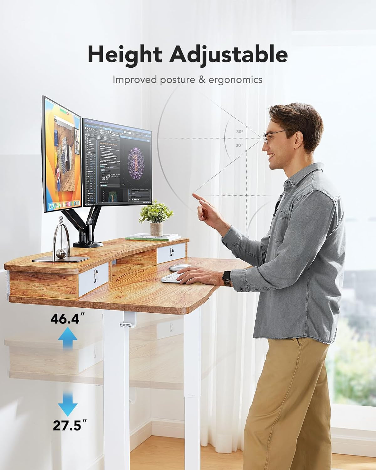 60″ X 30″ Electric Standing Desk with 2 Drawers, C-Clamp Mount Compatible, Height Adjustable Computer Desk, Home Office Stand up Desk with 4 Preset Heights & 2 Hooks, Light Vintage