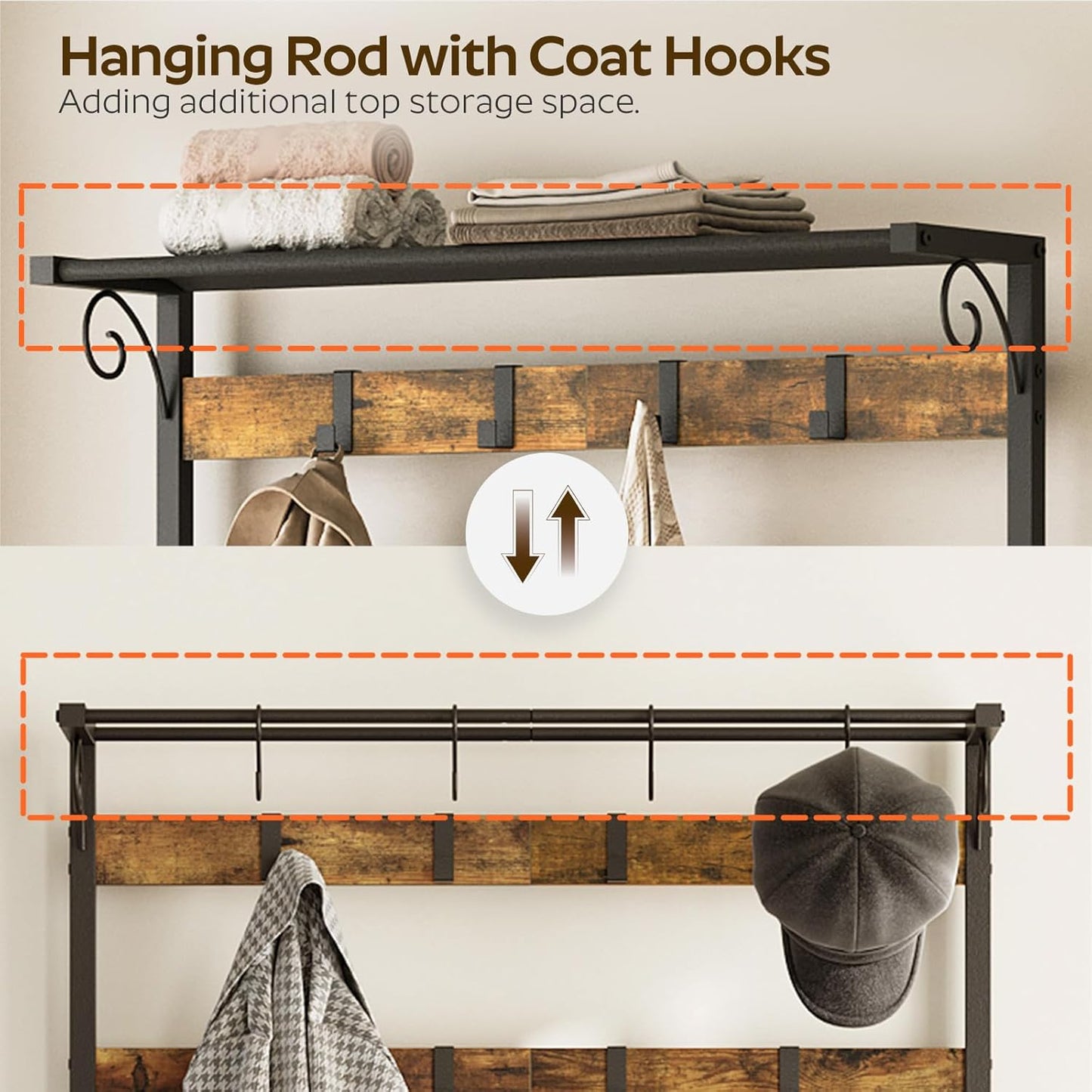 Coat Rack Shoe Bench, 4-In-1 Hall Tree with Storage Shelves and Hanging Rod, Entryway Storage Organizer with 8 Movable Hooks, for Entryway, Hallway, Corridor, Rustic Brown and Black MT12BR