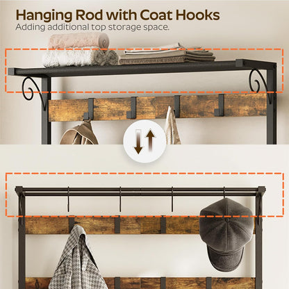 Coat Rack Shoe Bench, 4-In-1 Hall Tree with Storage Shelves and Hanging Rod, Entryway Storage Organizer with 8 Movable Hooks, for Entryway, Hallway, Corridor, Rustic Brown and Black MT12BR
