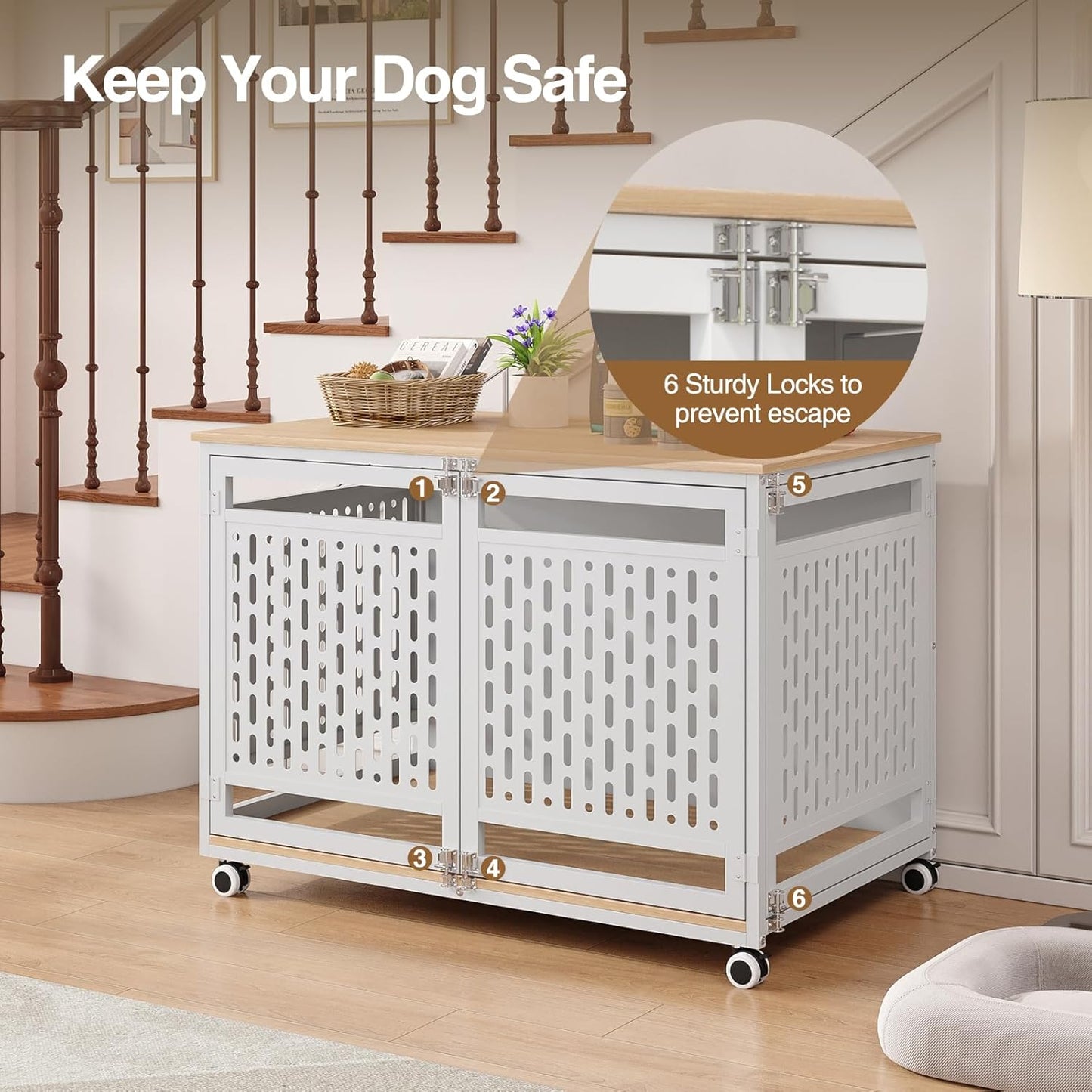 40.1" Dog Crate Furniture for Medium and Large Breed, Decorative Dog Kennel Indoor with Lockable Wheels, Heavy Duty Wooden End Side Table Pet Cage, Chew-Resistant, White