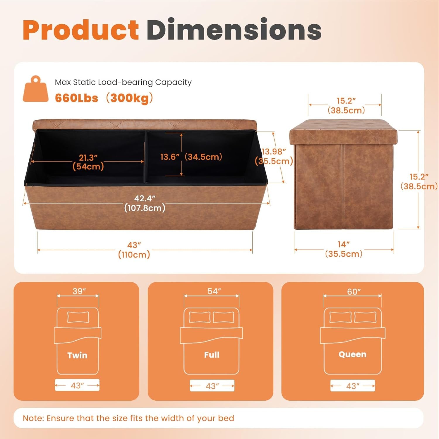 43 Inches Folding Ottoman with Storage Bench, Foot Rest Stool, End of Bed Storage Bench Upholstered, Load 660 Lbs, for Living Room, Synthetic Leather, Brown