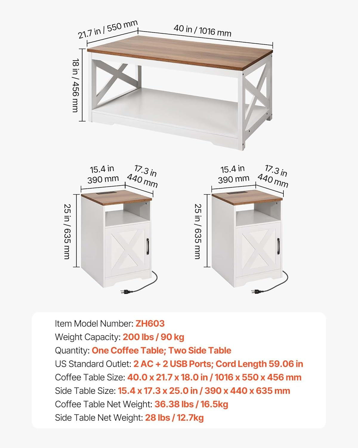 3 Pieces Farmhouse Coffee Table Sets, 40 Inch Industrial Coffee Table with 2 End Tables, Easy Assembly Coffee and Side Tables Sets with Charging Station, for Office, Living Room & Apartment