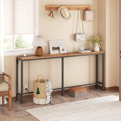 70.9'' Console Table with Power Outlet, Narrow Sofa Table with Charging Station, Skinny behind Couch Table for Entryway, Hallway, Foyer, Living Room, Rustic Brown CTHR18E01Z1