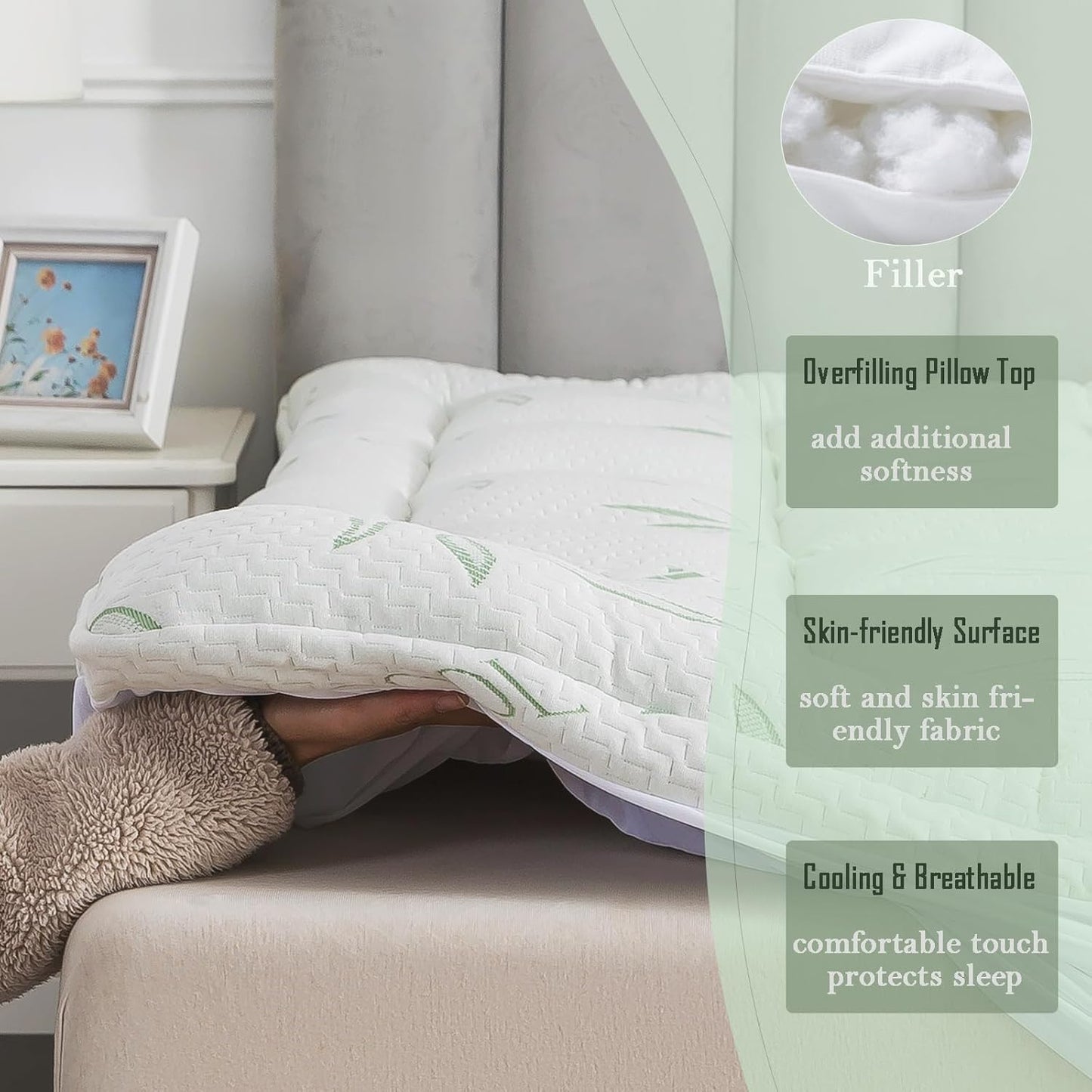 Queen Mattress Topper, Soft Pillow Top Mattress Topper with Deep Pocket Fits 8–21 Inch,7D Spiral Fiber Filling, Bamboo Viscose Air Layer Mattress Topper Queen.