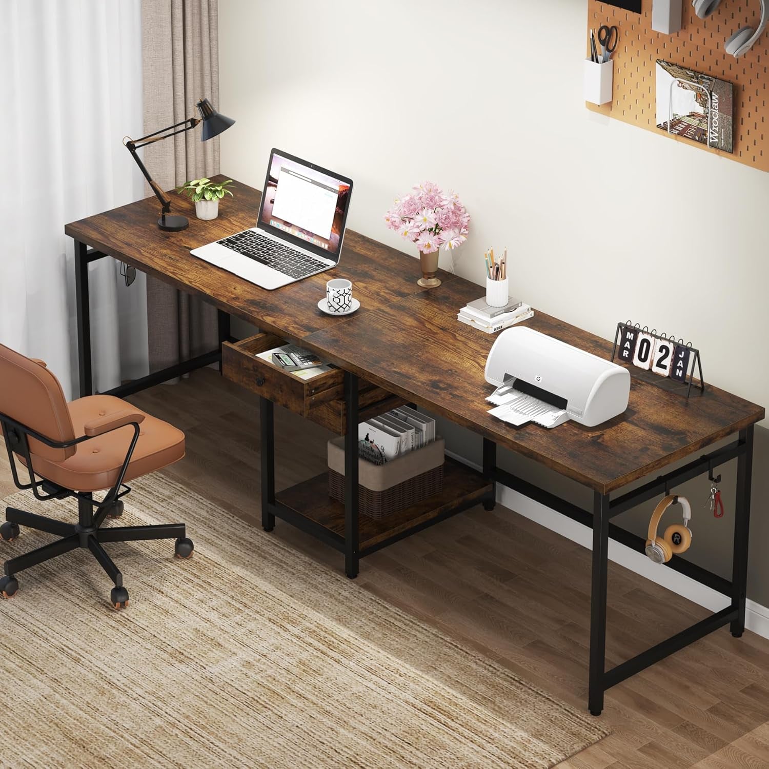 Two Person Desk, 79 Inch Double Desk with 2 Drawers, Large Computer Desk Long Desks with Storage Shelves, Writing Table Study Desk for Home Office, Rustic Brown (NY001)